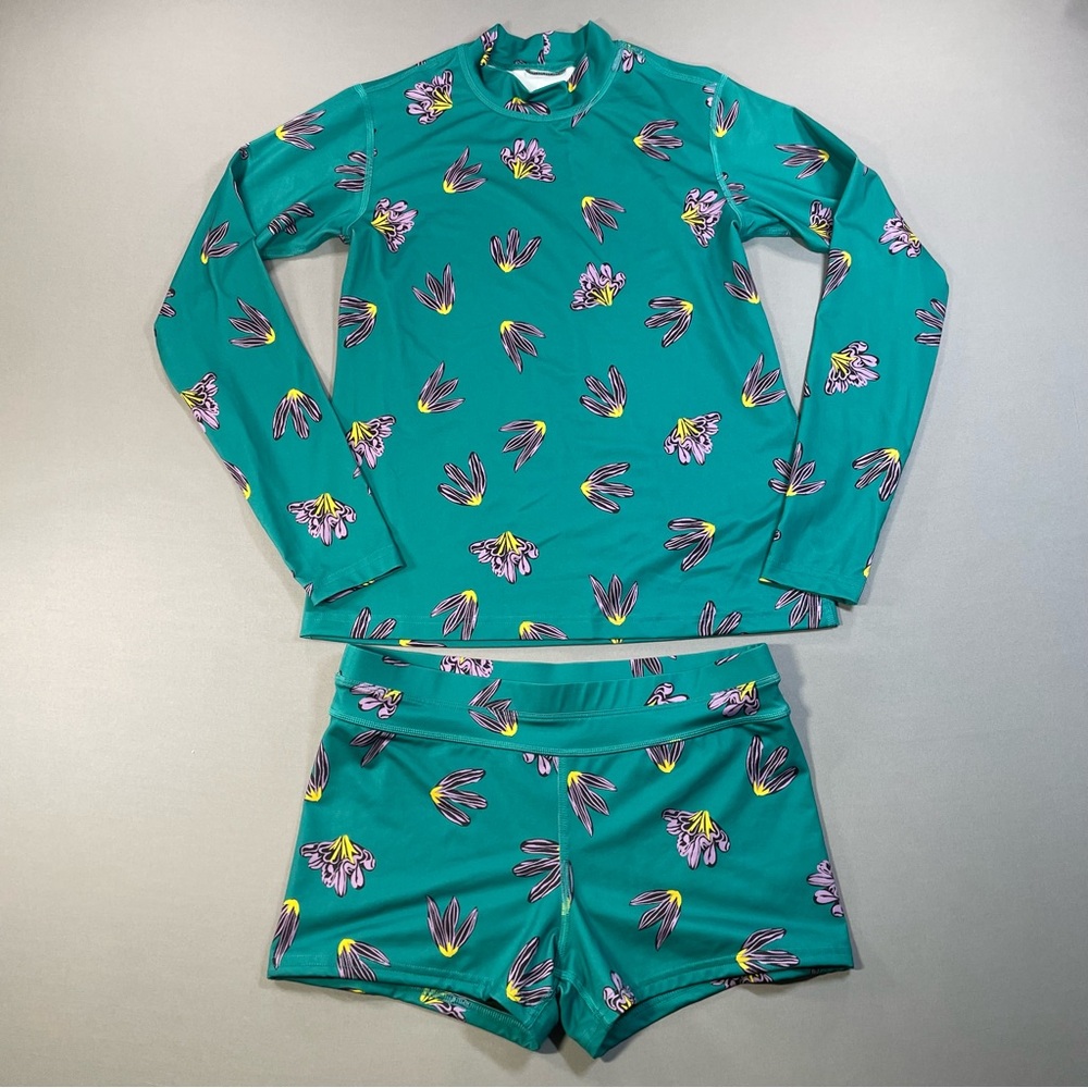 REI Kids Swim Two-Piece Shirt Rashguard & Shorts, Teal Floral - Kids Large 14-16
